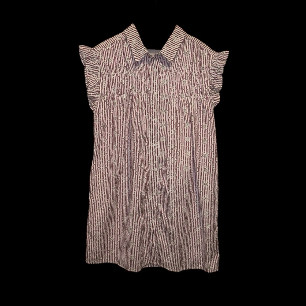 Avara Purple Ruffle Sleeve Seersucker Button Up Dress - Medium